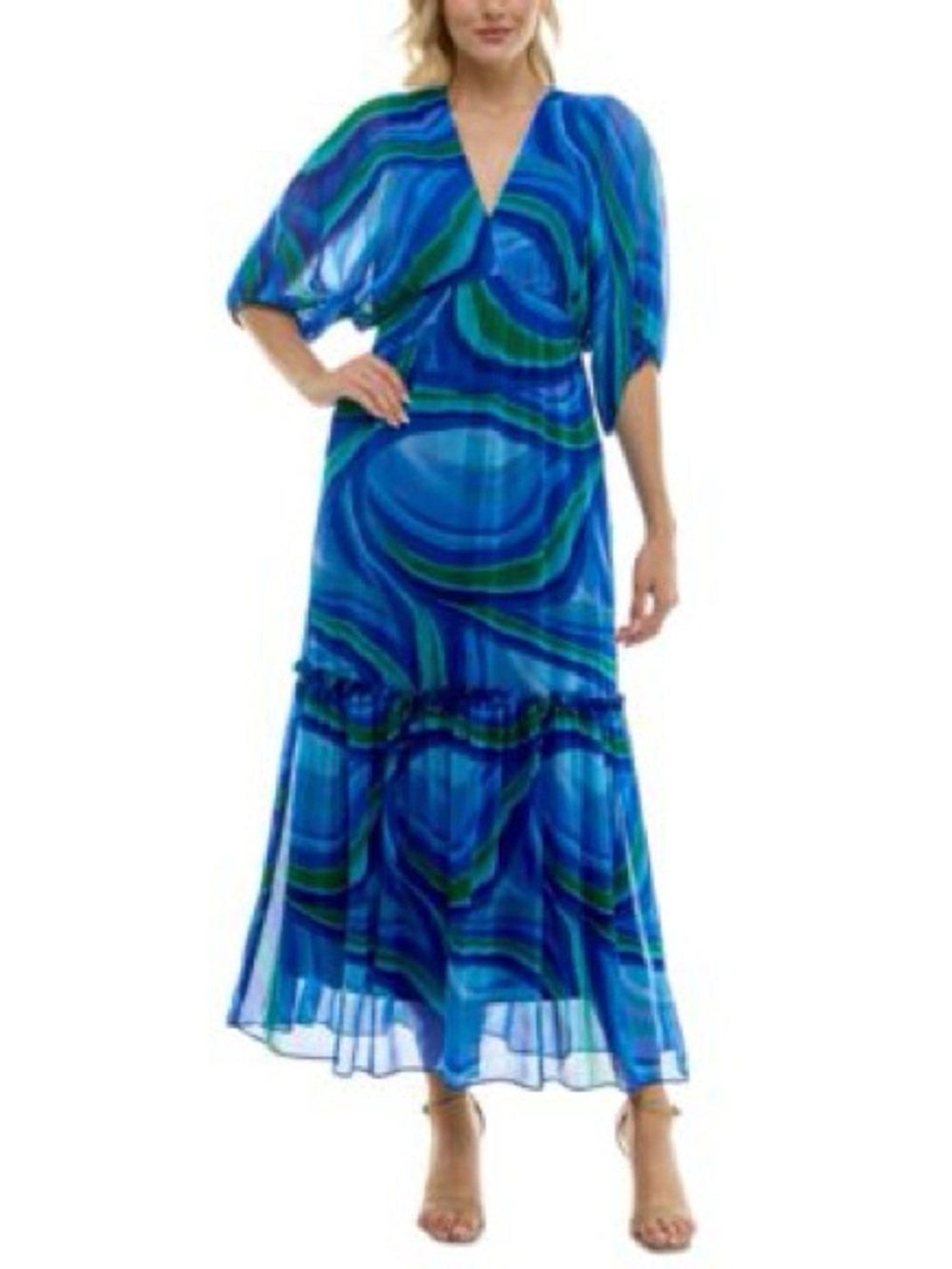 Taylor Fit & Flare Maxi Dress Blue Swirl Pattern Dolman Sleeves NWT SZ 10